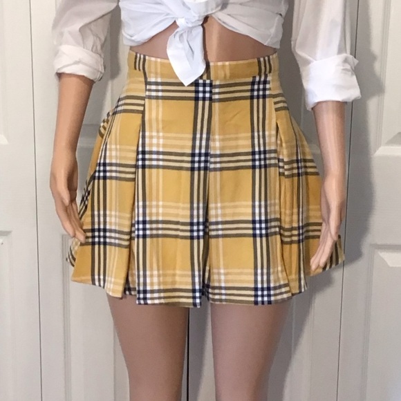 SO Juniors Gold/Navy Blue Plaid High Rise Pleated Flare Mini Skirt - Picture 2 of 8